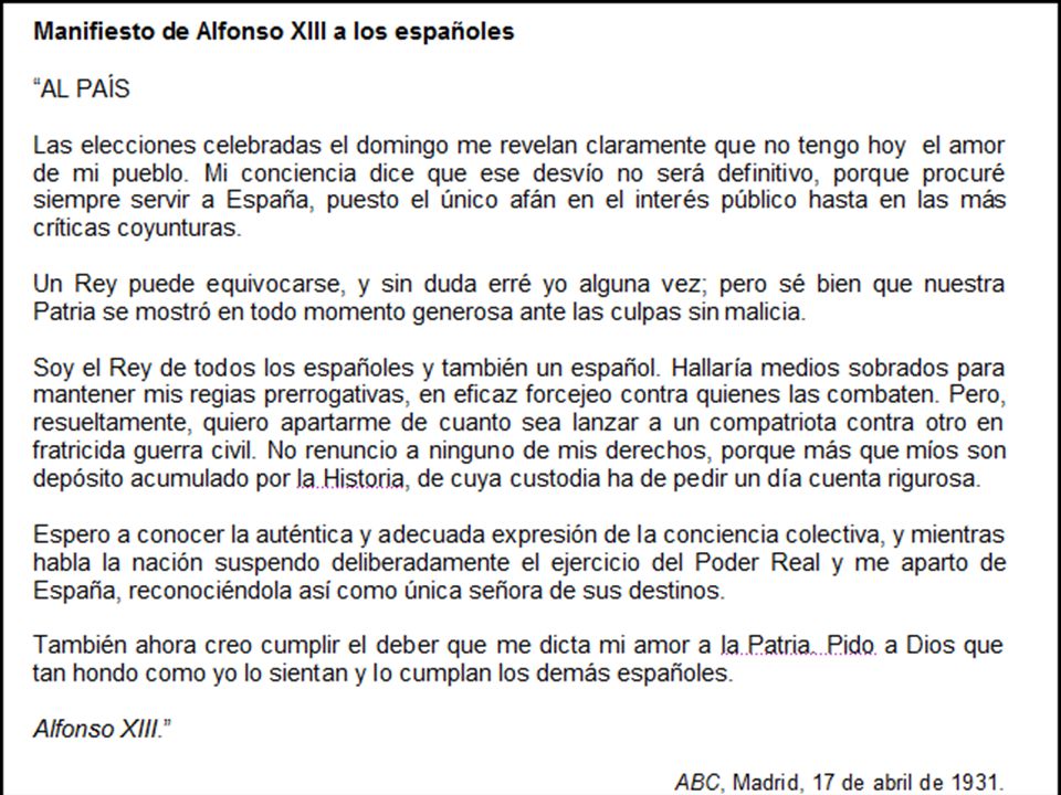 14 de abril: Alfonso XIII abandona Madrid a las 20’15 horas