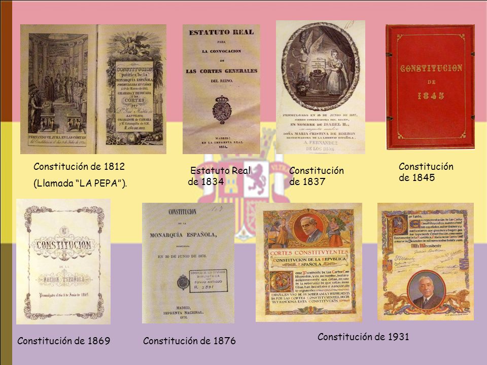 Constitución de 1812 (Llamada LA PEPA ). Constitución de Estatuto Real de Constitución de