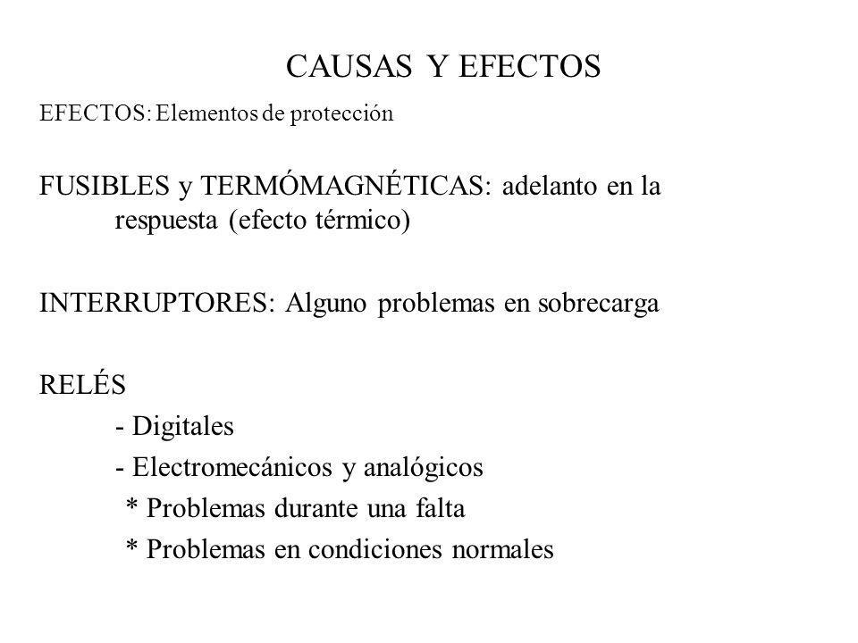 CAUSAS Y EFECTOS EFECTOS: Elementos de protección. FUSIBLES y TERMÓMAGNÉTICAS: adelanto en la respuesta (efecto térmico)