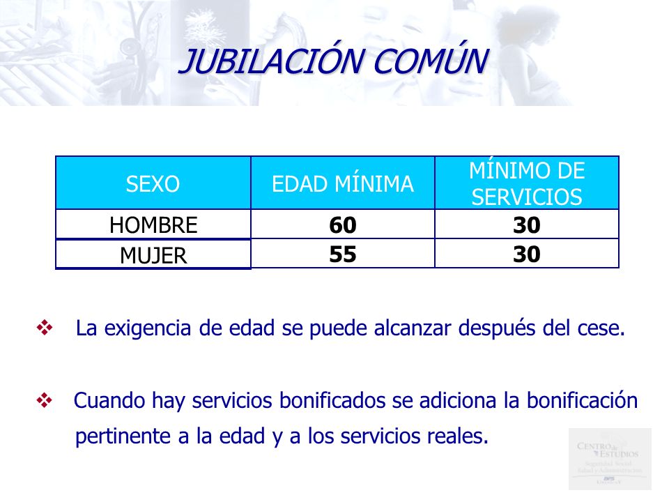 JUBILACIÓN COMÚN MUJER 60 HOMBRE MÍNIMO DE SERVICIOS EDAD MÍNIMA