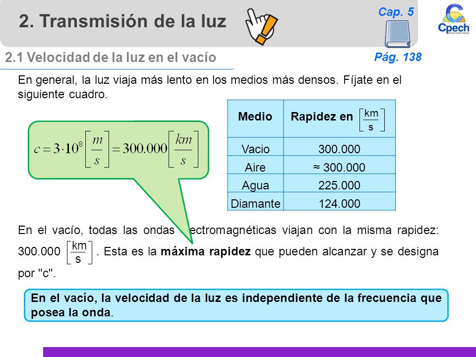 2. Transmisión de la luz 2.1 Velocidad de la luz en el vacío Pág. 138