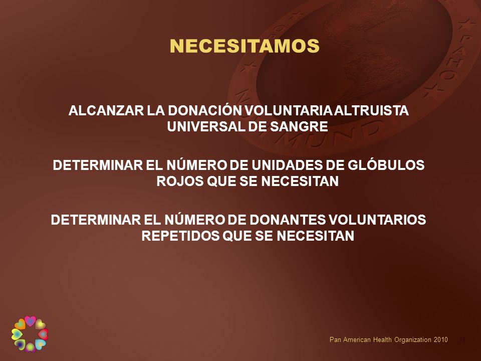 NECESITAMOS ALCANZAR LA DONACIÓN VOLUNTARIA ALTRUISTA UNIVERSAL DE SANGRE. DETERMINAR EL NÚMERO DE UNIDADES DE GLÓBULOS ROJOS QUE SE NECESITAN.