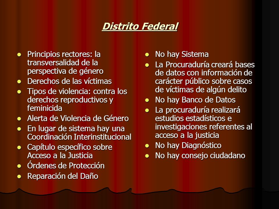 Distrito Federal Principios rectores: la transversalidad de la perspectiva de género. Derechos de las víctimas.
