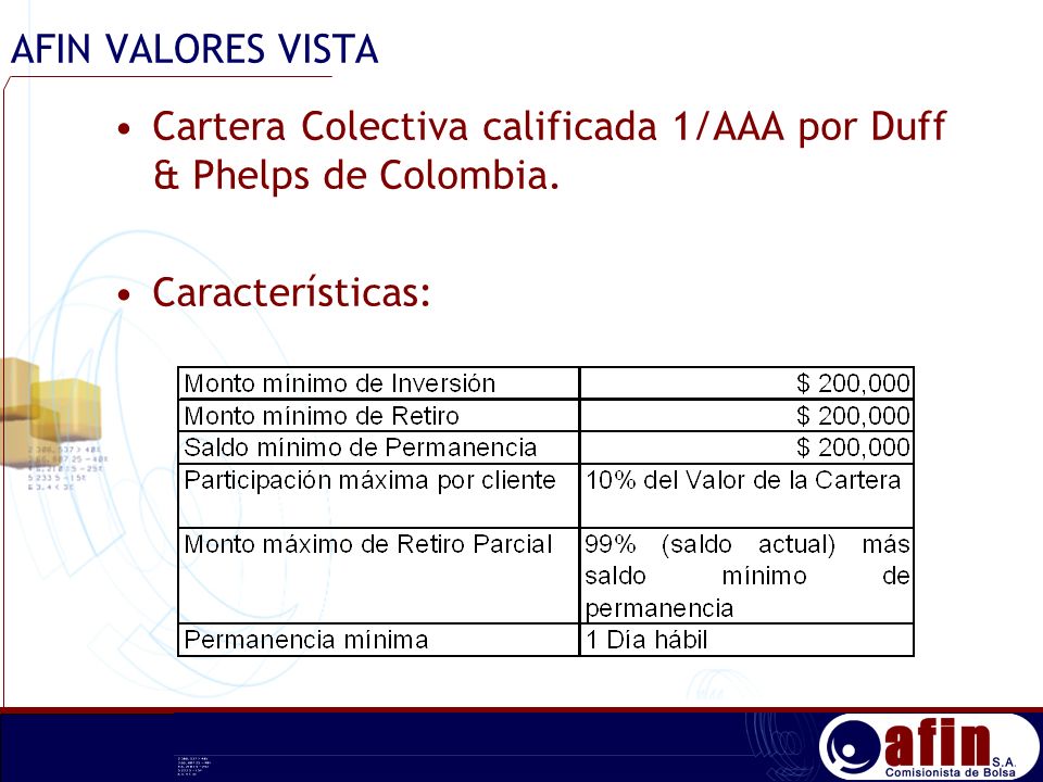 AFIN VALORES VISTA Cartera Colectiva calificada 1/AAA por Duff & Phelps de Colombia.