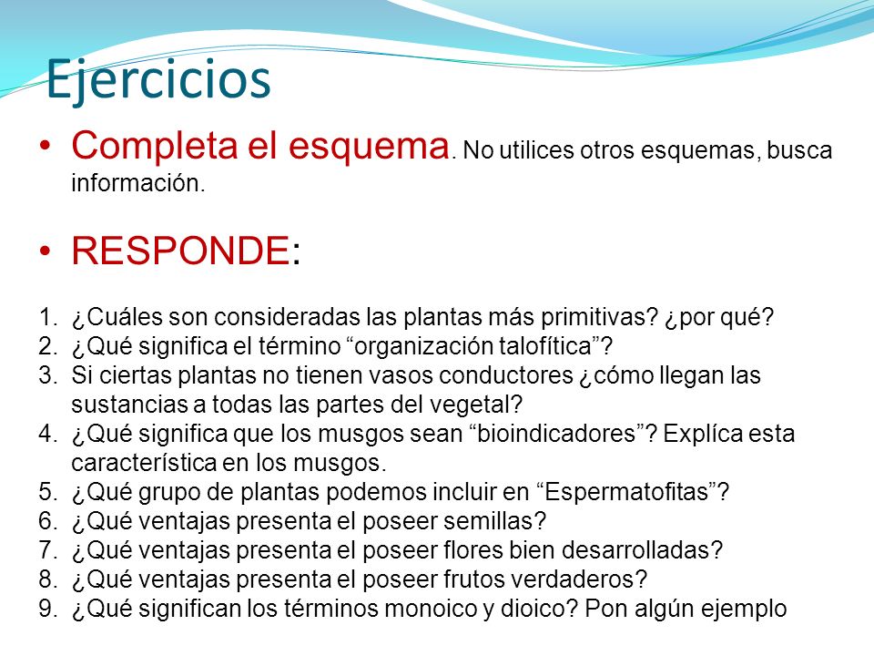 Ejercicios Completa el esquema. No utilices otros esquemas, busca información. RESPONDE: