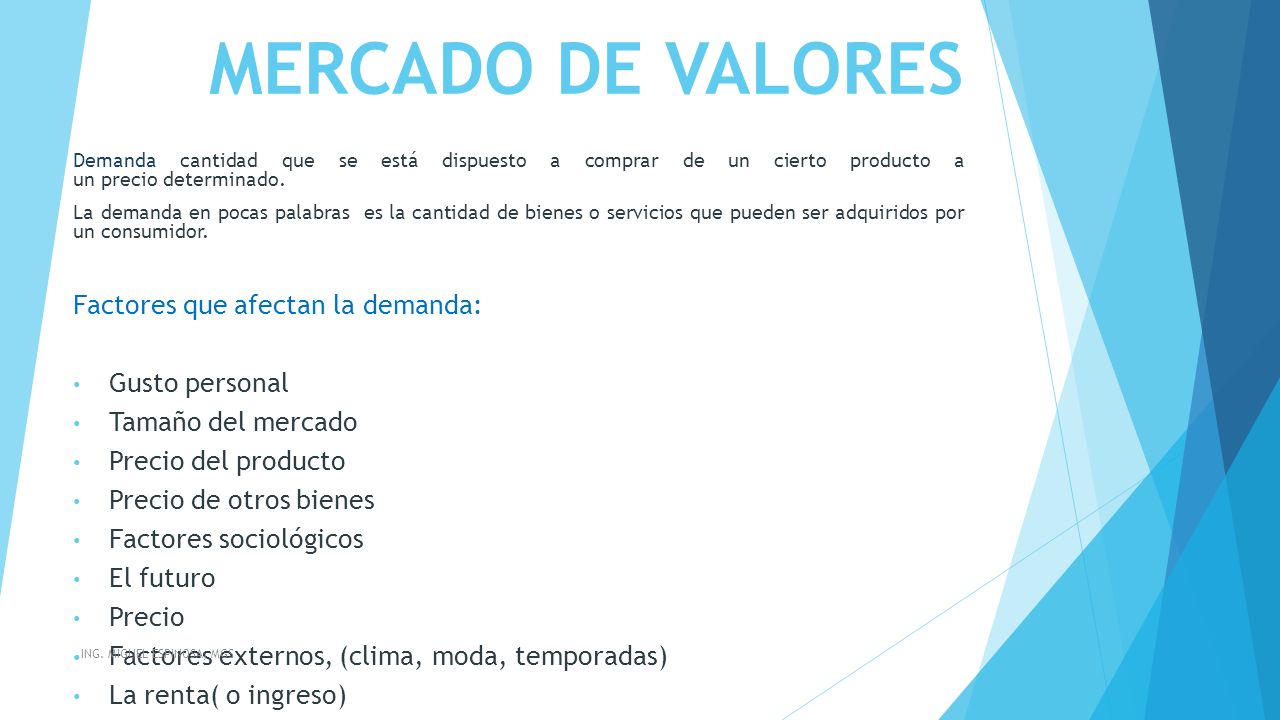 MERCADO DE VALORES Factores que afectan la demanda: Gusto personal