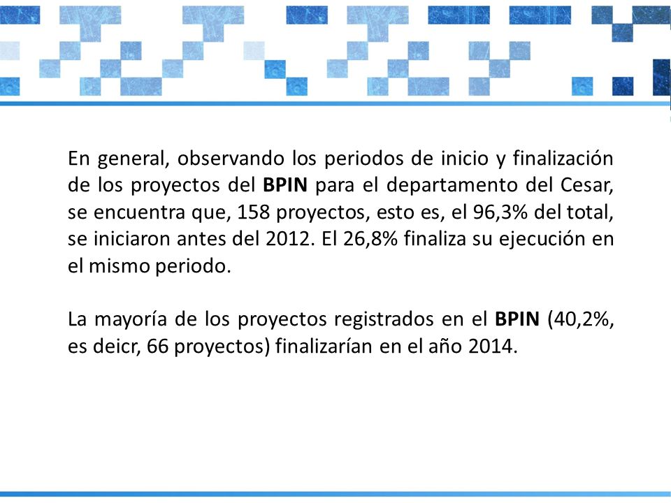 En general, observando los periodos de inicio y finalización de los proyectos del BPIN para el departamento del Cesar, se encuentra que, 158 proyectos, esto es, el 96,3% del total, se iniciaron antes del El 26,8% finaliza su ejecución en el mismo periodo.
