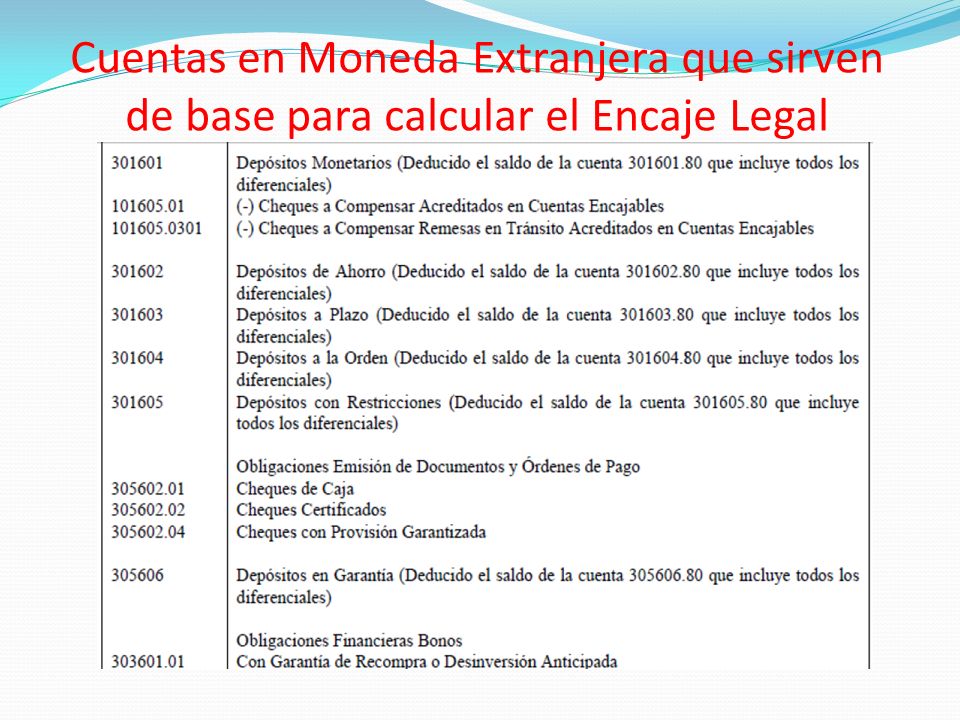 Cuentas en Moneda Extranjera que sirven de base para calcular el Encaje Legal