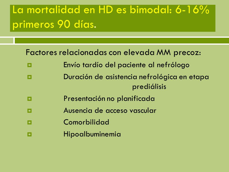 La mortalidad en HD es bimodal: 6-16% primeros 90 días.