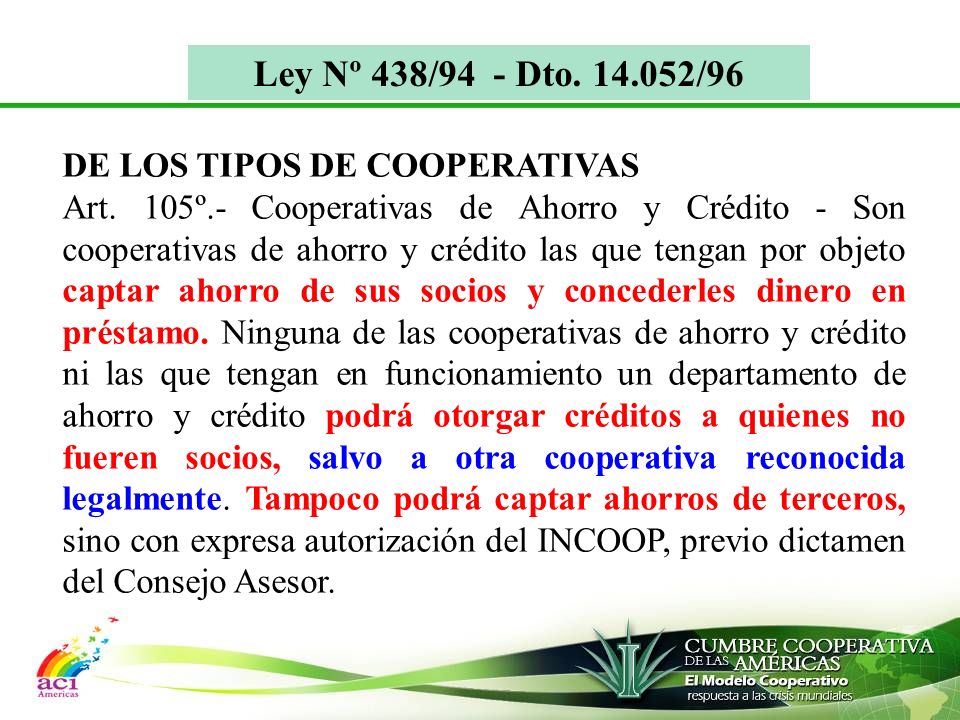 Ley Nº 438/94 - Dto /96 DE LOS TIPOS DE COOPERATIVAS