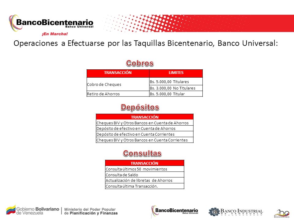 Operaciones a Efectuarse por las Taquillas Bicentenario, Banco Universal: