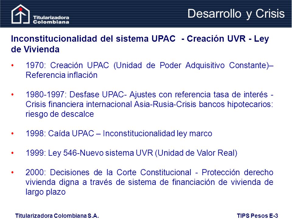 Desarrollo y Crisis Inconstitucionalidad del sistema UPAC - Creación UVR - Ley de Vivienda.
