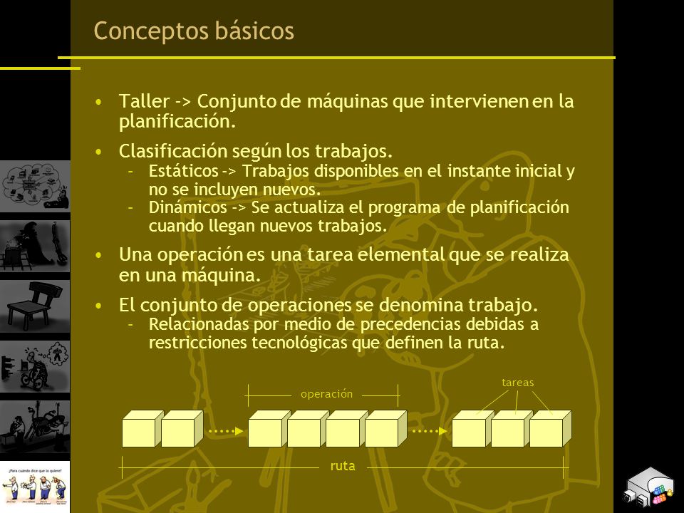 Conceptos básicos Taller -> Conjunto de máquinas que intervienen en la planificación. Clasificación según los trabajos.