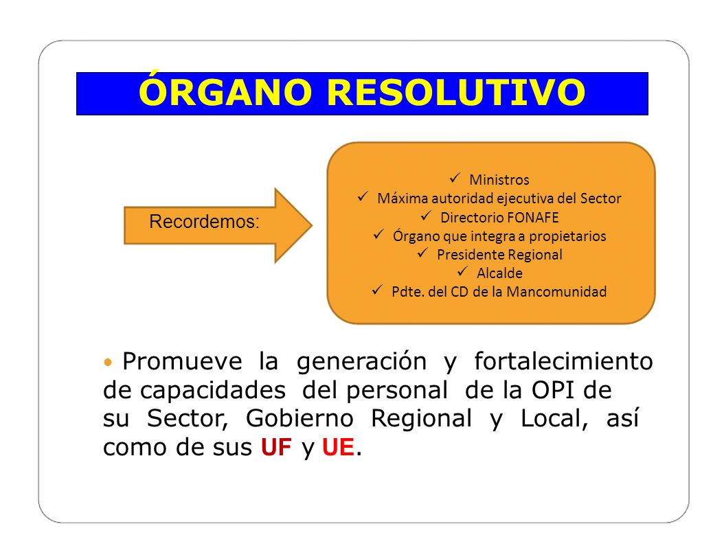 ÓRGANO RESOLUTIVO Ministros. Máxima autoridad ejecutiva del Sector. Directorio FONAFE. Órgano que integra a propietarios.
