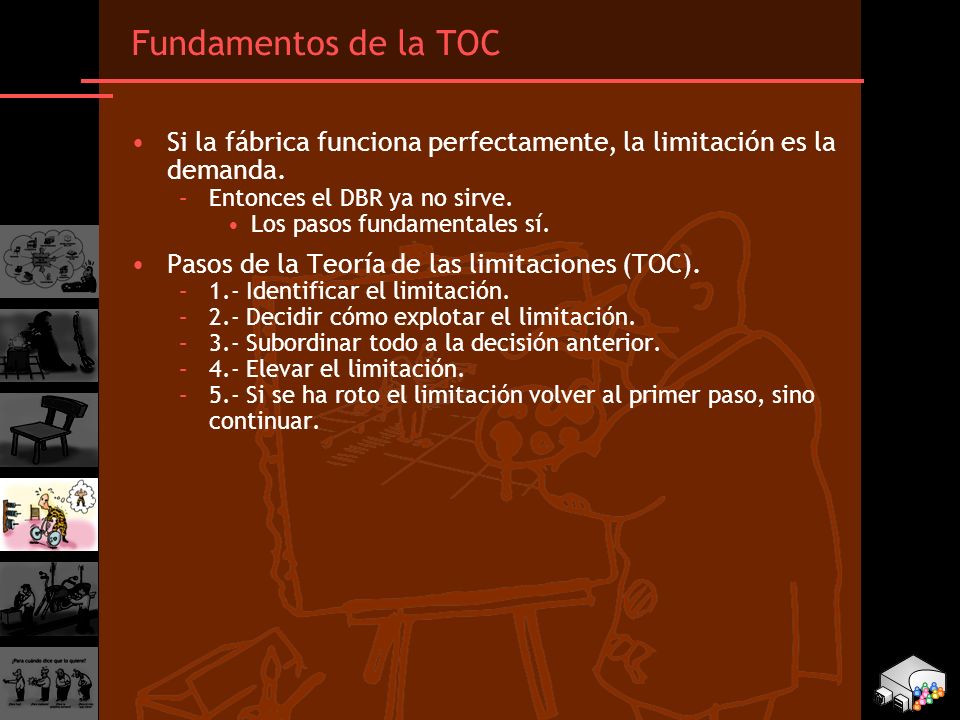 Fundamentos de la TOC Si la fábrica funciona perfectamente, la limitación es la demanda. Entonces el DBR ya no sirve.