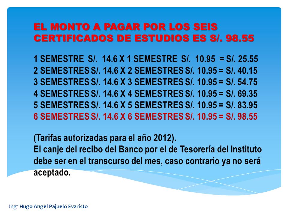 EL MONTO A PAGAR POR LOS SEIS CERTIFICADOS DE ESTUDIOS ES S/