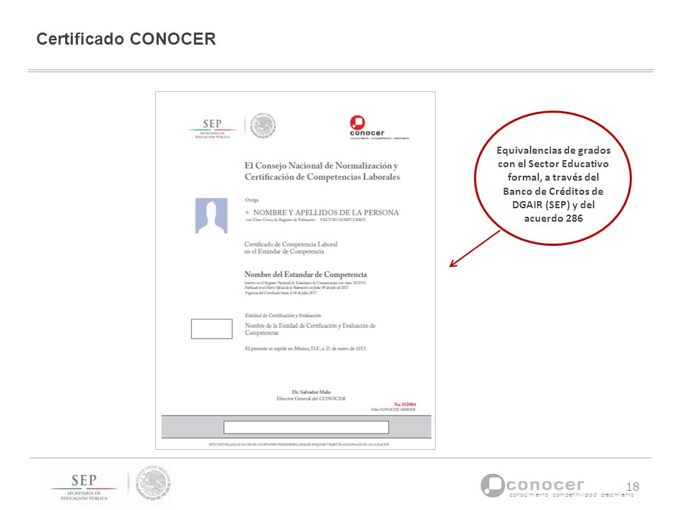 Certificado CONOCER Equivalencias de grados con el Sector Educativo formal, a través del Banco de Créditos de DGAIR (SEP) y del acuerdo 286.