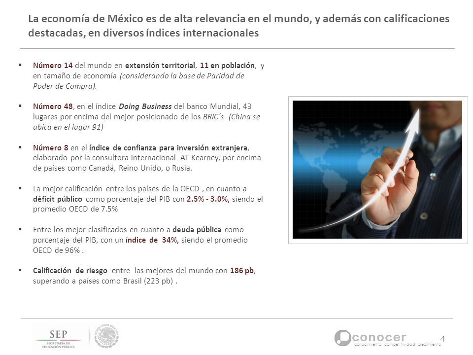 La economía de México es de alta relevancia en el mundo, y además con calificaciones destacadas, en diversos índices internacionales