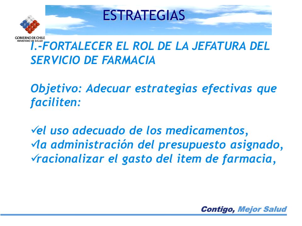 ESTRATEGIAS I.-FORTALECER EL ROL DE LA JEFATURA DEL SERVICIO DE FARMACIA. Objetivo: Adecuar estrategias efectivas que faciliten: