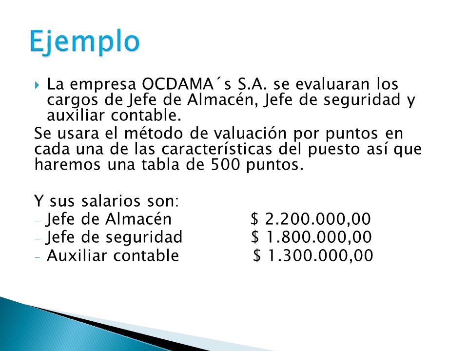 Ejemplo La empresa OCDAMA´s S.A. se evaluaran los cargos de Jefe de Almacén, Jefe de seguridad y auxiliar contable.