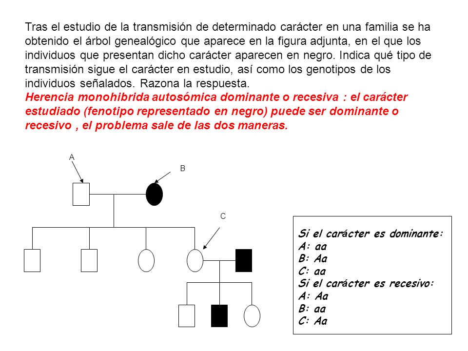 Tras el estudio de la transmisión de determinado carácter en una familia se ha obtenido el árbol genealógico que aparece en la figura adjunta, en el que los individuos que presentan dicho carácter aparecen en negro. Indica qué tipo de transmisión sigue el carácter en estudio, así como los genotipos de los individuos señalados. Razona la respuesta.