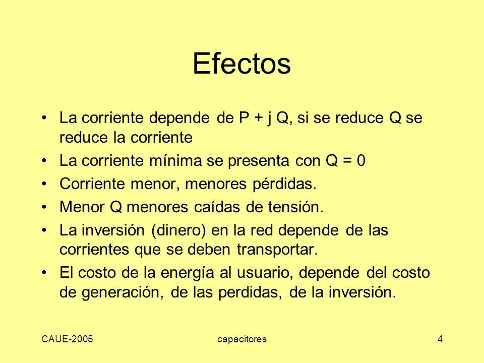 Efectos La corriente depende de P + j Q, si se reduce Q se reduce la corriente. La corriente mínima se presenta con Q = 0.