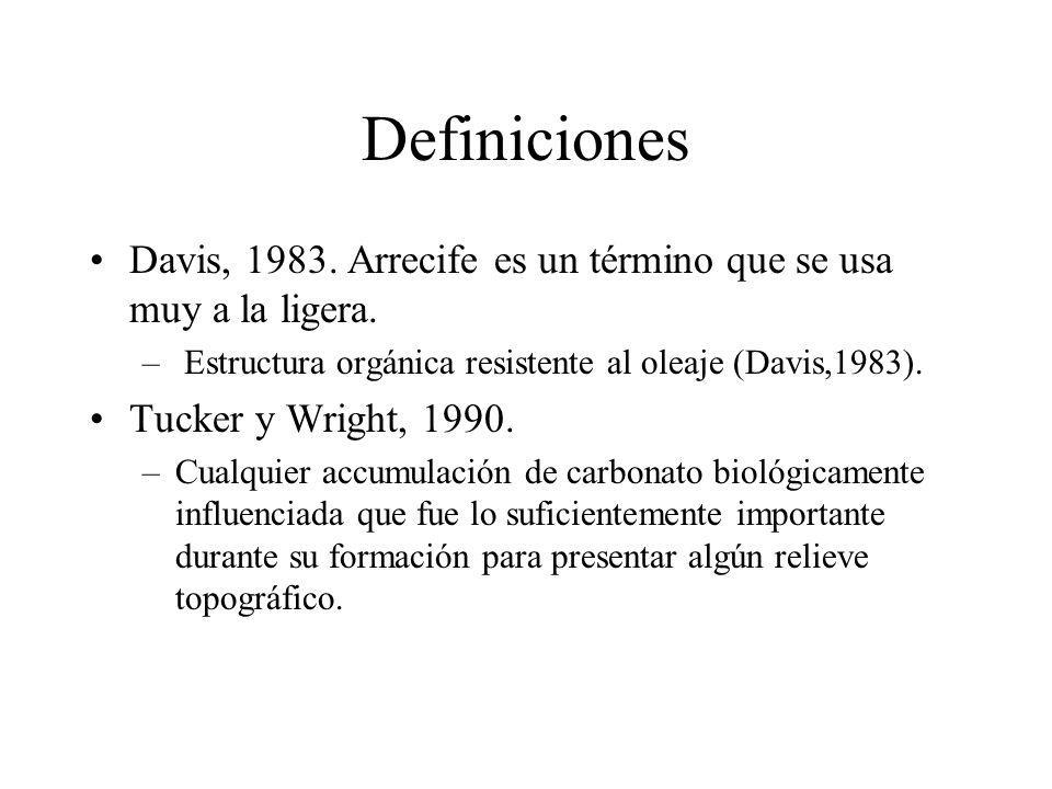 Definiciones Davis, Arrecife es un término que se usa muy a la ligera. Estructura orgánica resistente al oleaje (Davis,1983).