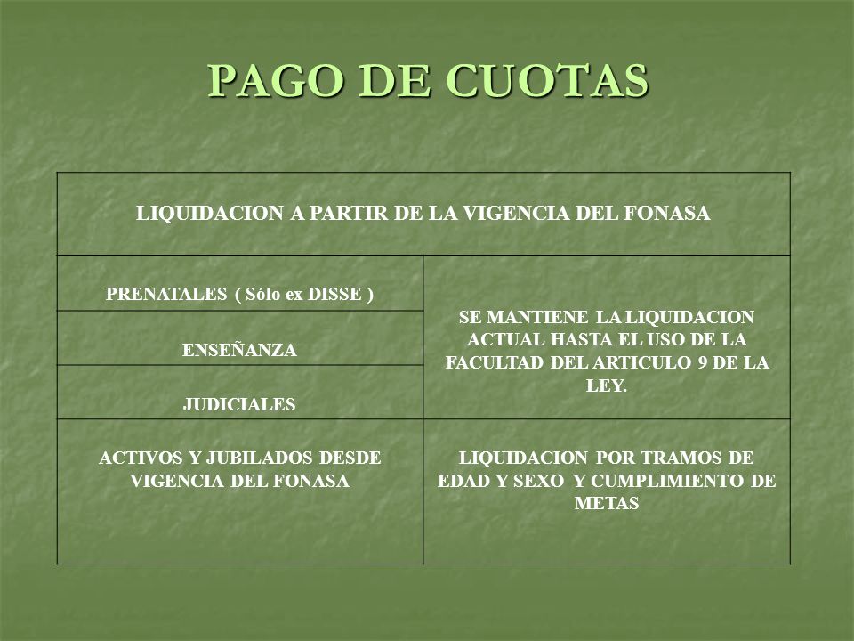 PAGO DE CUOTAS LIQUIDACION A PARTIR DE LA VIGENCIA DEL FONASA