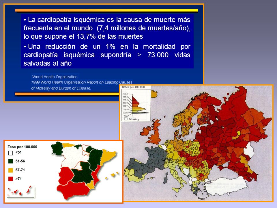 La cardiopatía isquémica es la causa de muerte más frecuente en el mundo (7,4 millones de muertes/año), lo que supone el 13,7% de las muertes