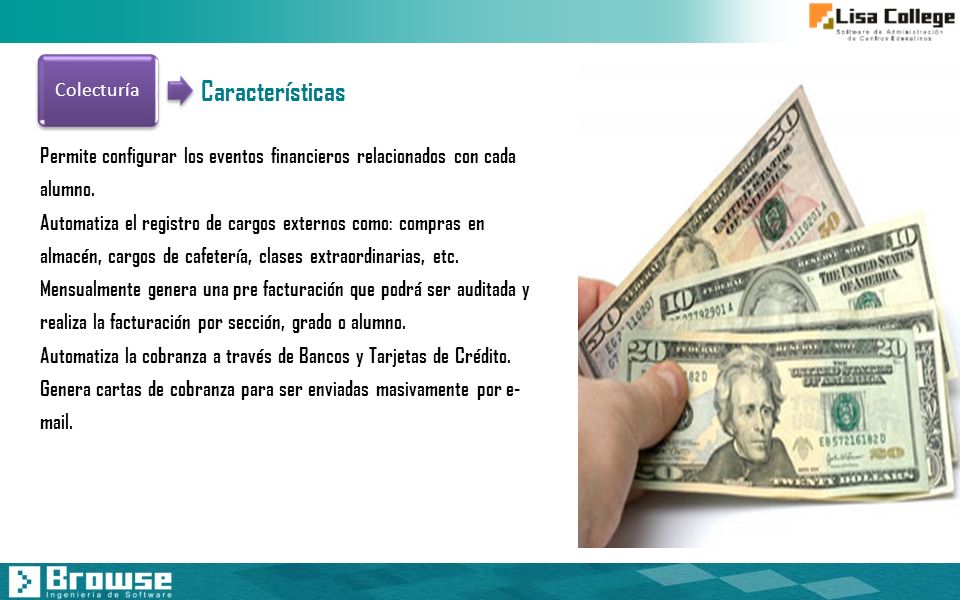 Colecturía Características. Permite configurar los eventos financieros relacionados con cada alumno.