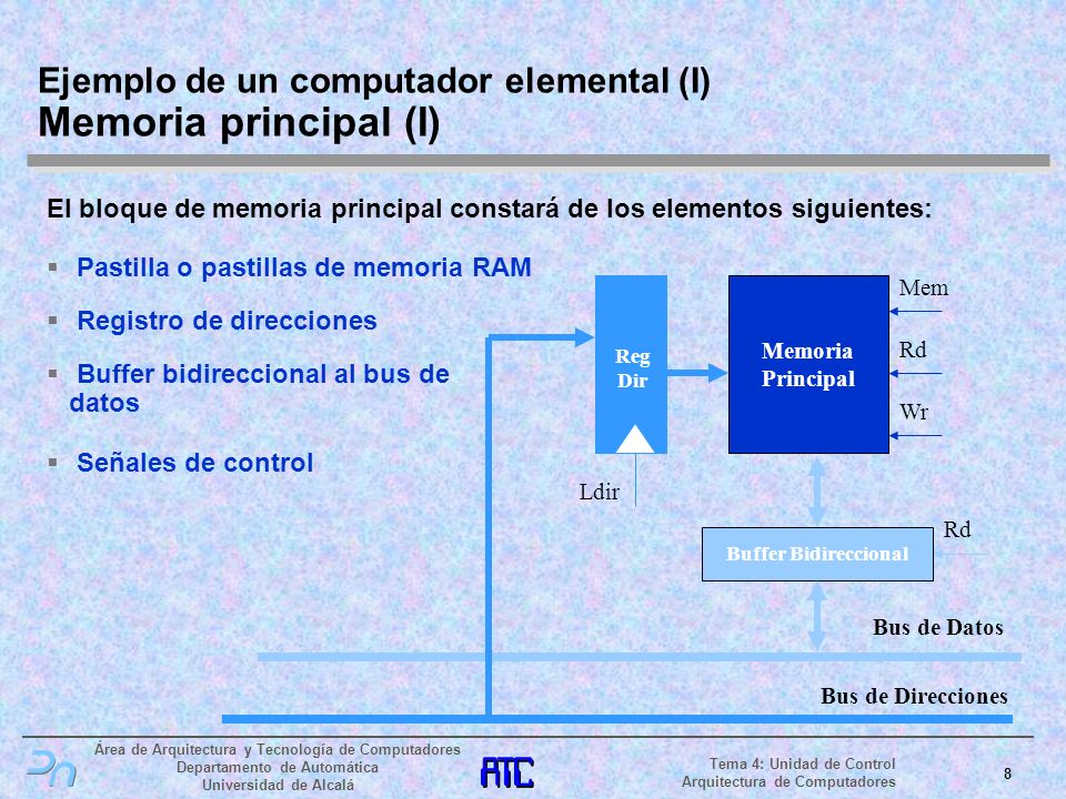Ejemplo de un computador elemental (I) Memoria principal (I)