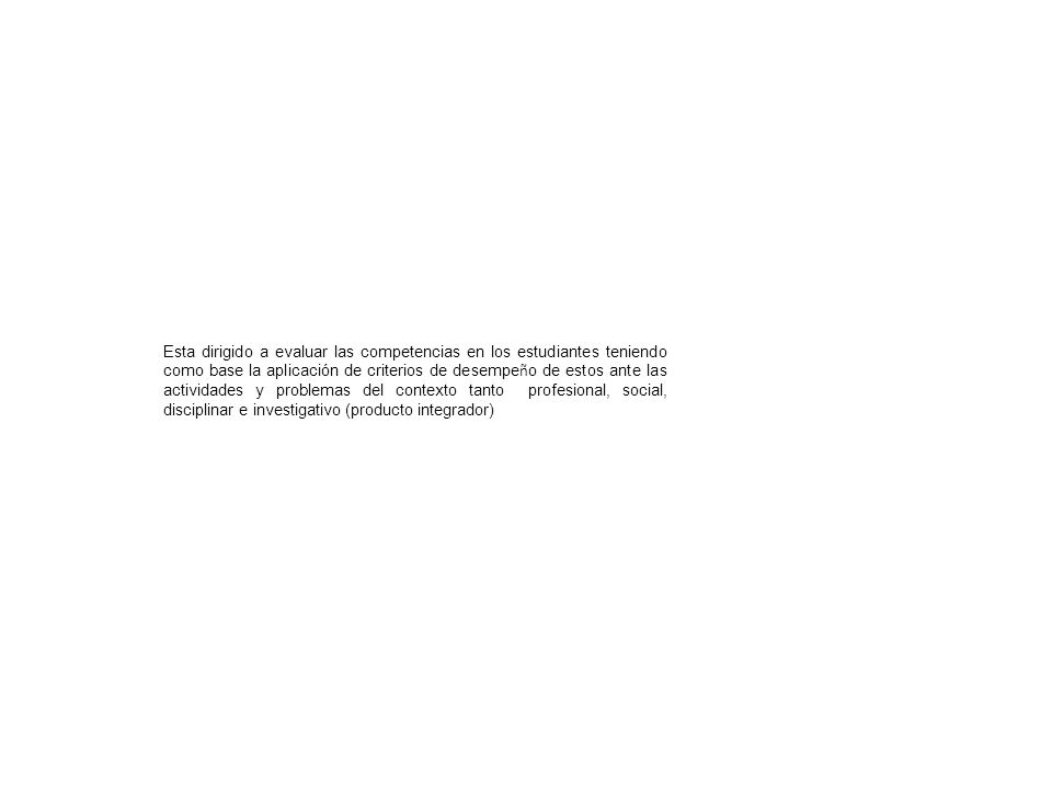 Esta dirigido a evaluar las competencias en los estudiantes teniendo como base la aplicación de criterios de desempeño de estos ante las actividades y problemas del contexto tanto profesional, social, disciplinar e investigativo (producto integrador)