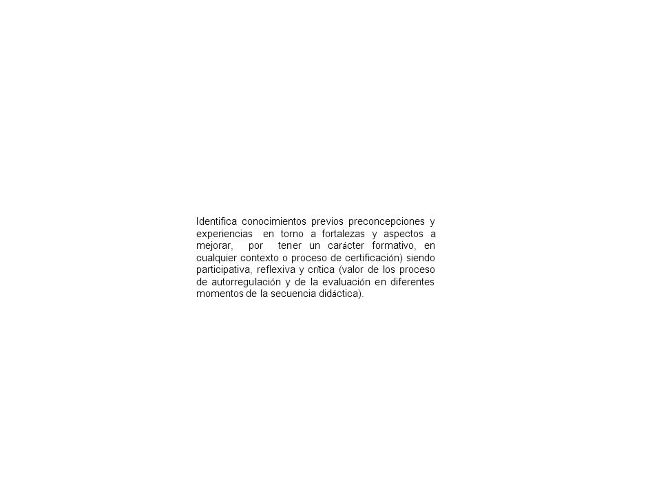 Identifica conocimientos previos preconcepciones y experiencias en torno a fortalezas y aspectos a mejorar, por tener un carácter formativo, en cualquier contexto o proceso de certificación) siendo participativa, reflexiva y crítica (valor de los proceso de autorregulación y de la evaluación en diferentes momentos de la secuencia didáctica).