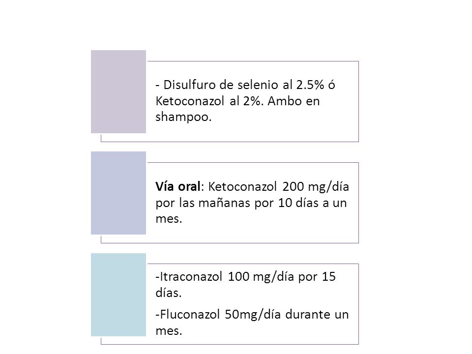 - Disulfuro de selenio al 2.5% ó Ketoconazol al 2%. Ambo en shampoo.
