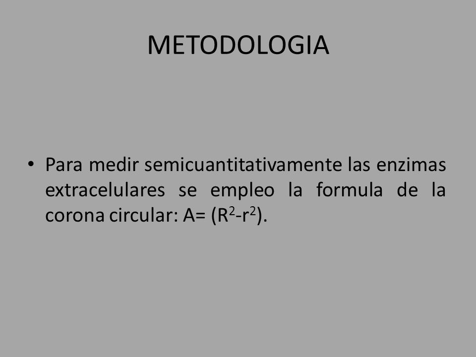 METODOLOGIA Para medir semicuantitativamente las enzimas extracelulares se empleo la formula de la corona circular: A= (R2-r2).