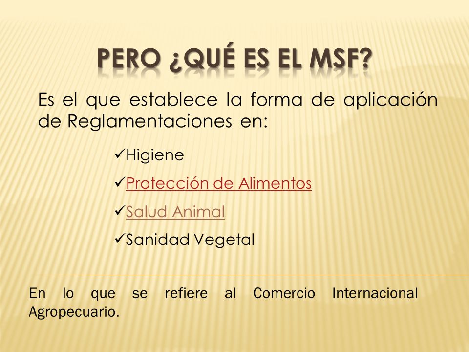 Pero ¿Qué es el MSF Es el que establece la forma de aplicación de Reglamentaciones en: Higiene. Protección de Alimentos.