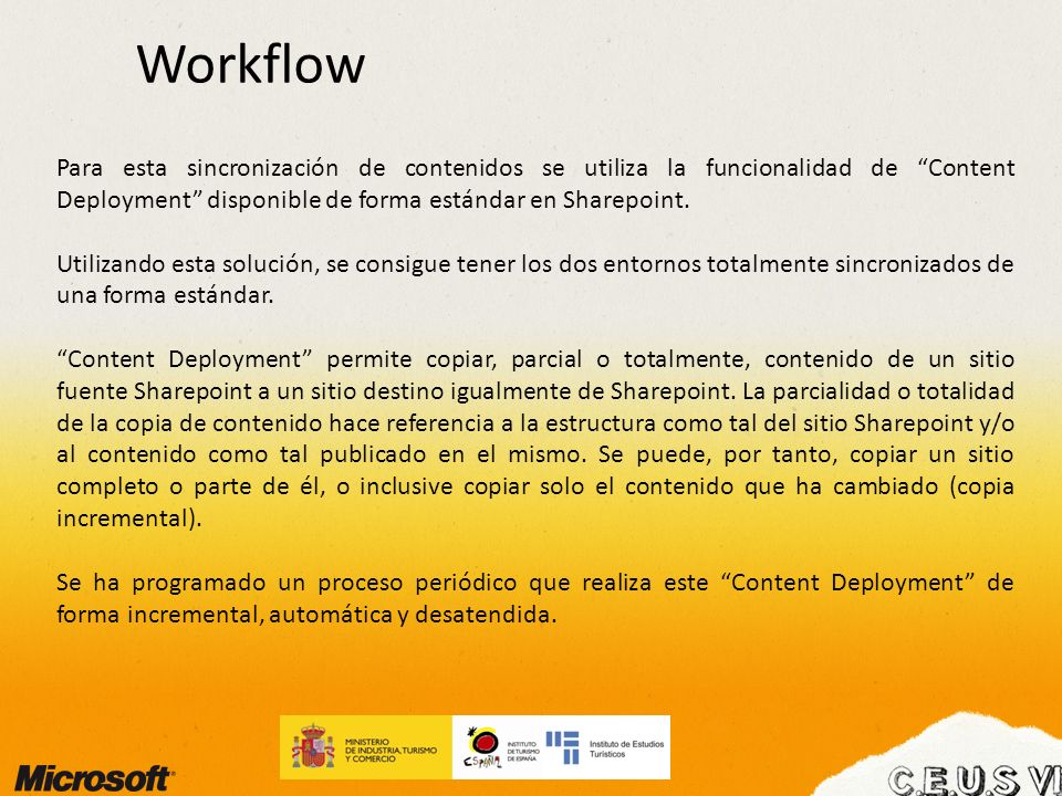 Workflow Para esta sincronización de contenidos se utiliza la funcionalidad de Content Deployment disponible de forma estándar en Sharepoint.