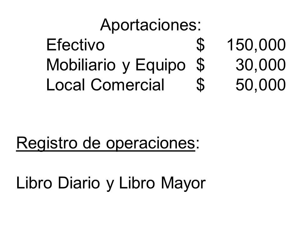 Aportaciones:. Efectivo. $ 150,000. Mobiliario y Equipo. $ 30,000