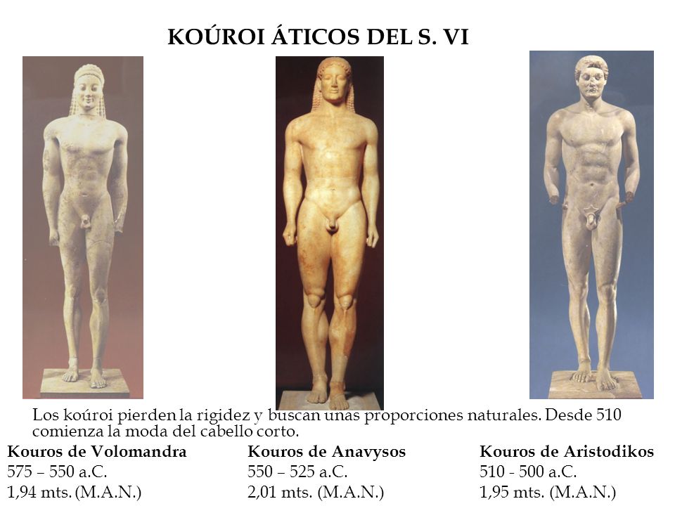 KOÚROI ÁTICOS DEL S. VI Los koúroi pierden la rigidez y buscan unas proporciones naturales. Desde 510 comienza la moda del cabello corto.