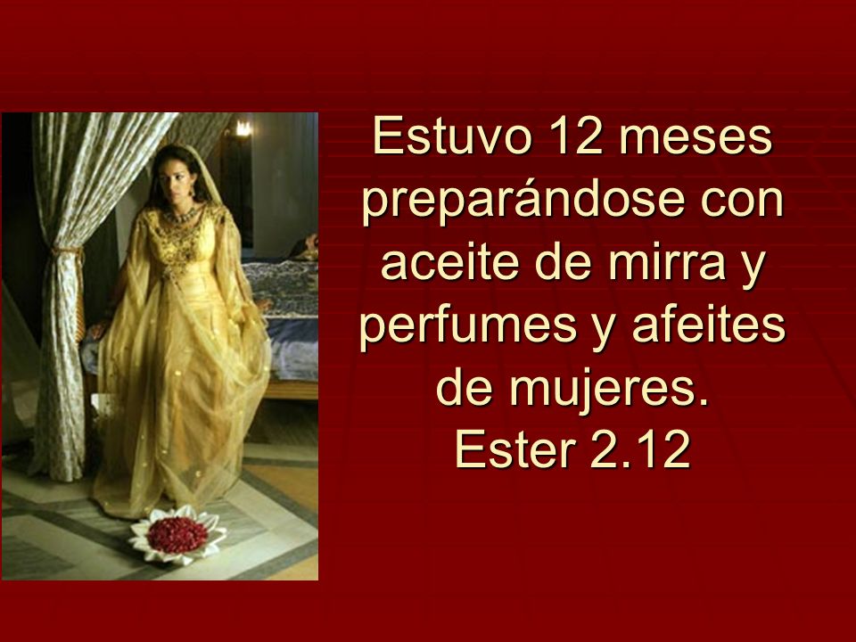 Estuvo 12 meses preparándose con aceite de mirra y perfumes y afeites de mujeres. Ester 2.12