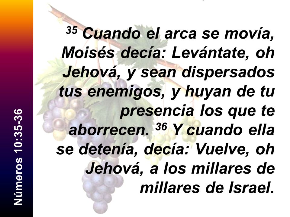 35 Cuando el arca se movía, Moisés decía: Levántate, oh Jehová, y sean dispersados tus enemigos, y huyan de tu presencia los que te aborrecen. 36 Y cuando ella se detenía, decía: Vuelve, oh Jehová, a los millares de millares de Israel.