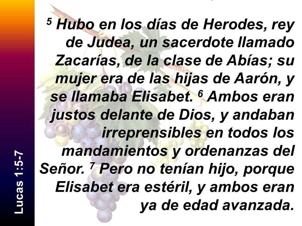 5 Hubo en los días de Herodes, rey de Judea, un sacerdote llamado Zacarías, de la clase de Abías; su mujer era de las hijas de Aarón, y se llamaba Elisabet. 6 Ambos eran justos delante de Dios, y andaban irreprensibles en todos los mandamientos y ordenanzas del Señor. 7 Pero no tenían hijo, porque Elisabet era estéril, y ambos eran ya de edad avanzada.