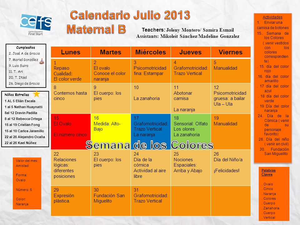 Calendario Julio 2013 Semana de los Colores