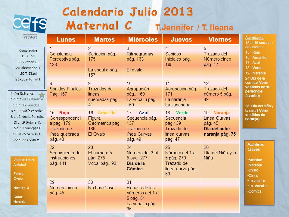 Calendario Julio 2013 Maternal C T.Jennifer / T. Ileana Lunes Martes