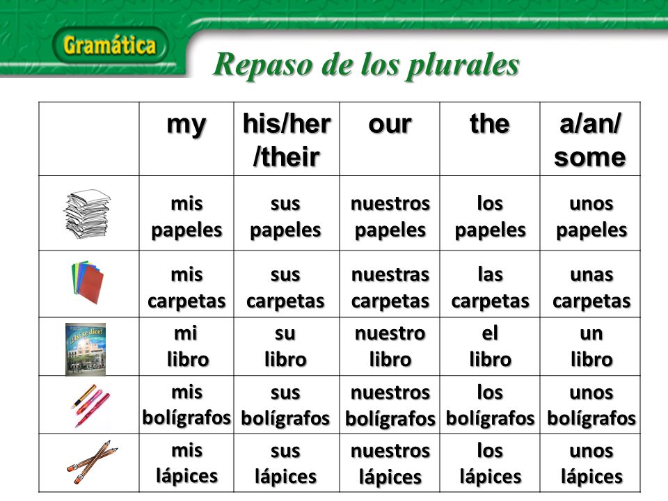 Repaso de los plurales my his/her/their our the a/an/ some mis papeles