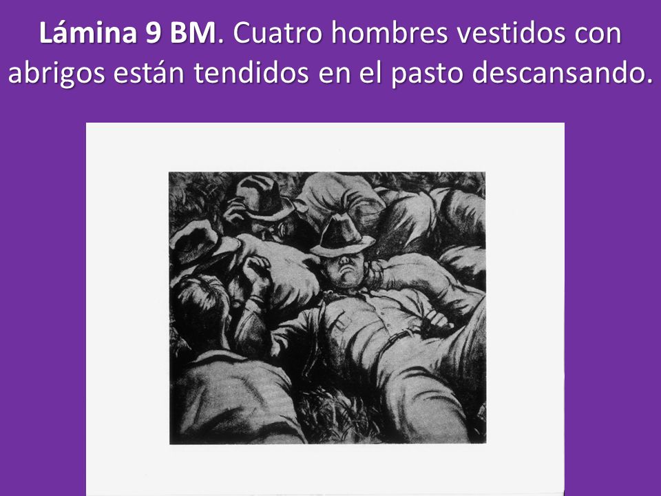 Lámina 9 BM. Cuatro hombres vestidos con abrigos están tendidos en el pasto descansando.