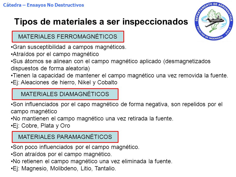 Tipos de materiales a ser inspeccionados