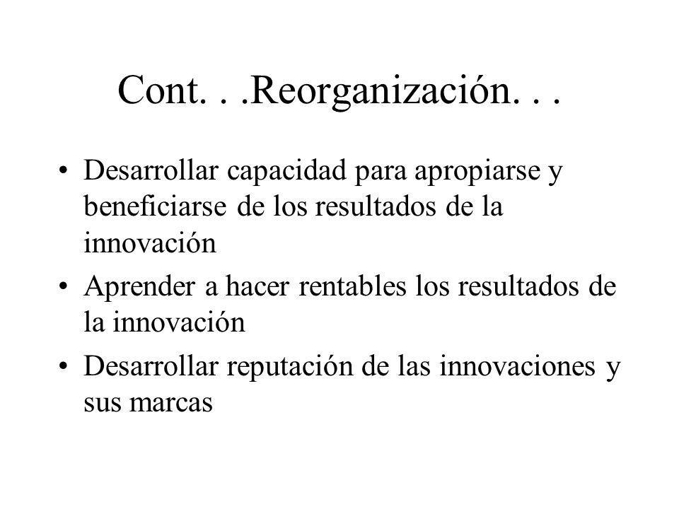 Cont. . .Reorganización. . . Desarrollar capacidad para apropiarse y beneficiarse de los resultados de la innovación.