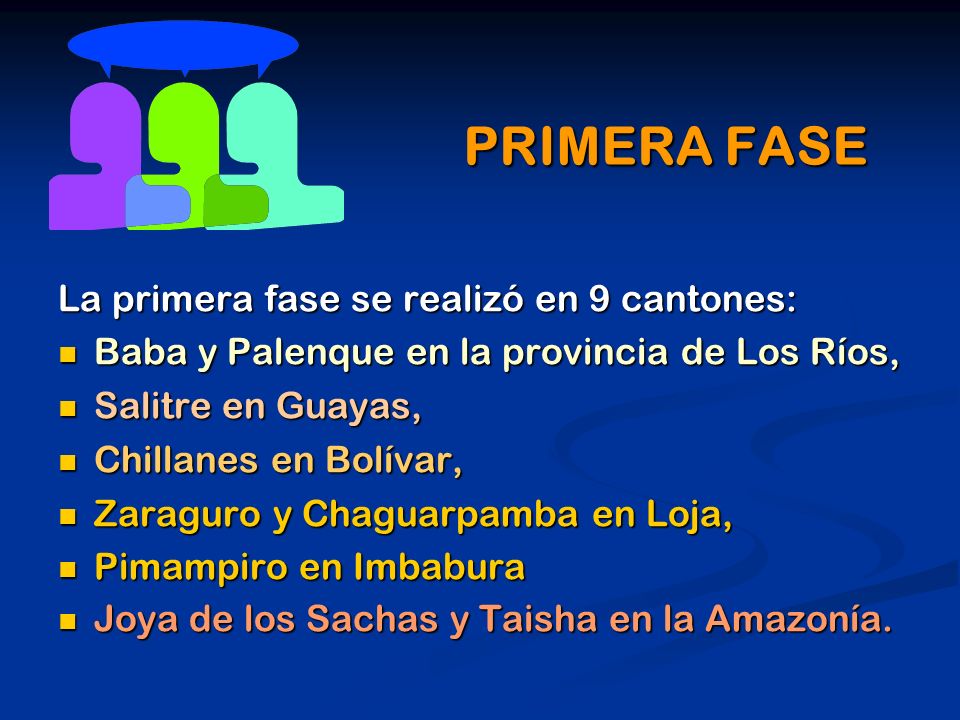 PRIMERA FASE La primera fase se realizó en 9 cantones: