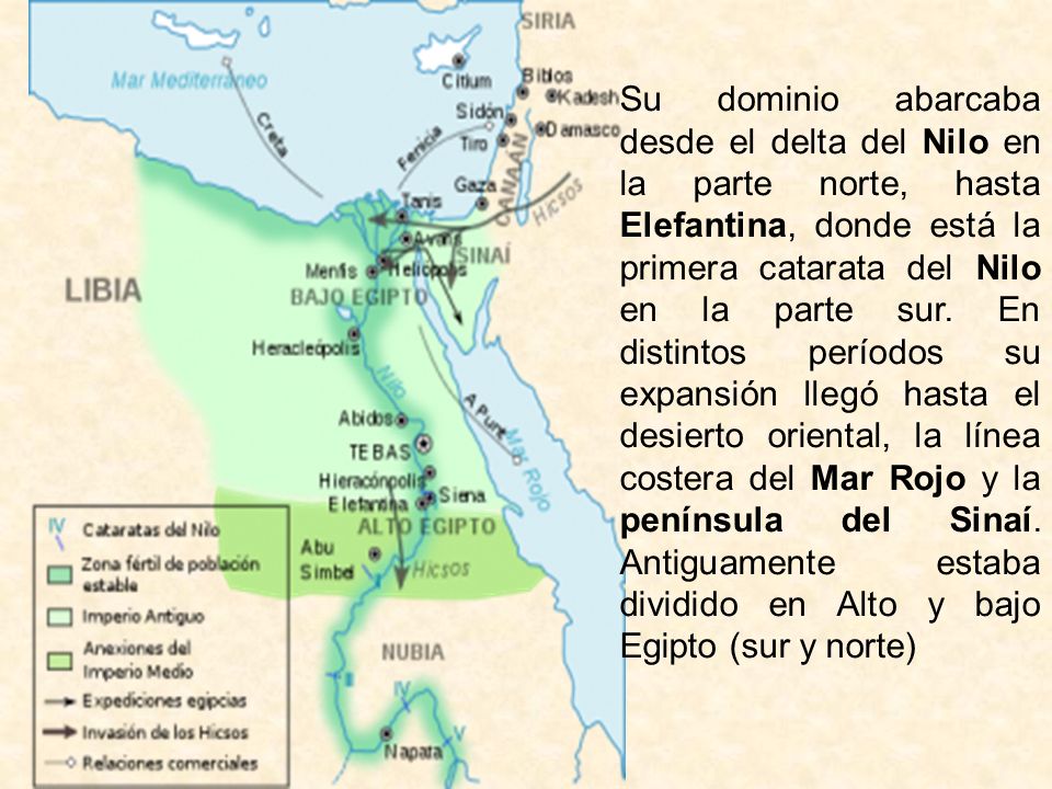 Su dominio abarcaba desde el delta del Nilo en la parte norte, hasta Elefantina, donde está la primera catarata del Nilo en la parte sur.